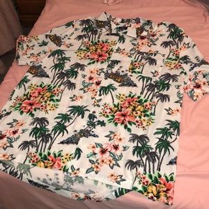 White Tropical Print Short Sleeve Button Down